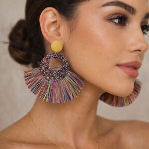 Multicolored Rainbow Boho Glitter Tassel Statement Earrings